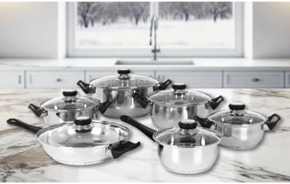 Batterie de Cuisine 12 Pièces en Acier Inoxydable, Compatible Induction, Couvercles en Verre
