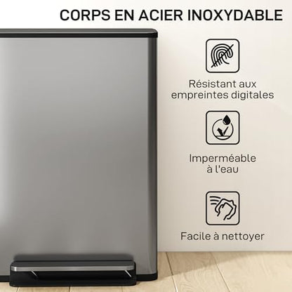 HOMCOM Poubelle Cuisine 50L, Acier Inoxydable, Couvercle Doux, Anti-Odeurs
