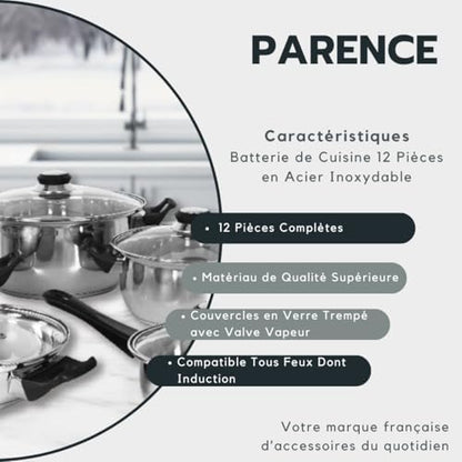 Batterie de Cuisine 12 Pièces en Acier Inoxydable, Compatible Induction, Couvercles en Verre