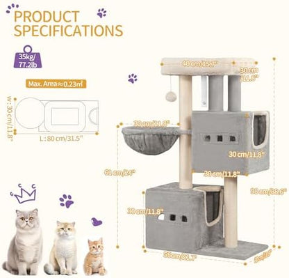 Arbre à Chat 98 cm avec Niches et Griffoir Sisal, Gris Clair