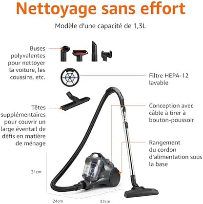 Amazon Basics Aspirateur Traineau sans Sac VCS35B15KOM-85, 850W, Filtro HEPA, Gris