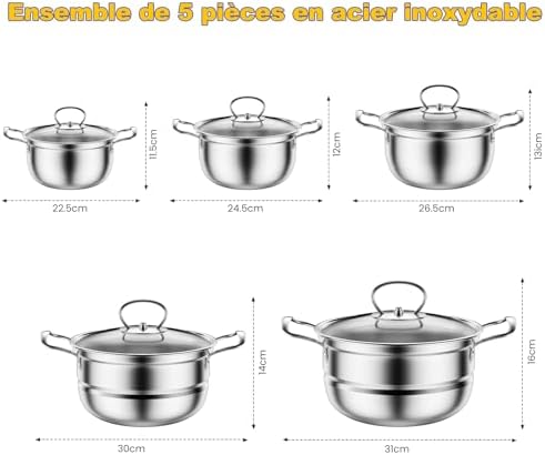 Batterie de Cuisine Induction 12 Pièces, Acier Inoxydable, Argent D