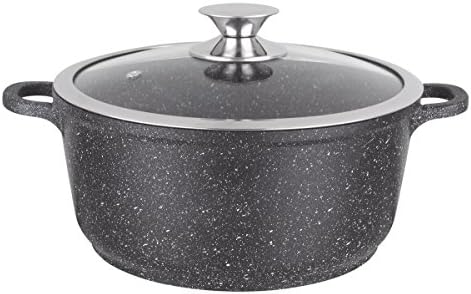 KAMBERG Faitout en Fonte d'Aluminium 28 cm, Revêtement Type Pierre, Couvercle en Verre, Induction