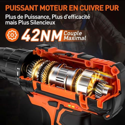 FAHEFANA Perceuse Visseuse Sans Fil 20V, 42Nm, 2 Batteries 2.0Ah, 24 Accessoires