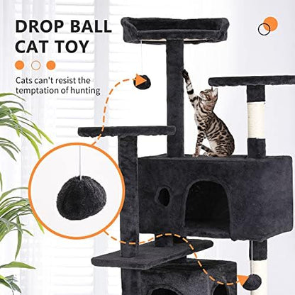 Arbre à Chat Multi-Niveaux 139 cm, Gris Foncé, avec Niches et Plateformes