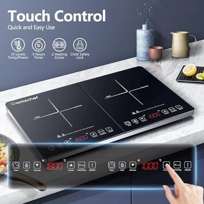 Plaque Induction 2 Feux Portable, Noir et Argent, 3500W, 20 Niveaux de Température