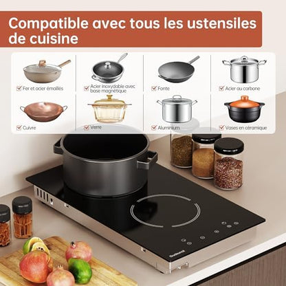 Plaque Vitrocéramique 2 Feux, 3000W, Minuteur, Noir Mat