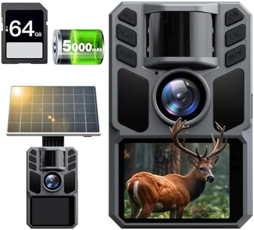 Caméra Solaire 4K 64MP pour Chasse, Vision Nocturne, Batterie 5000mAh