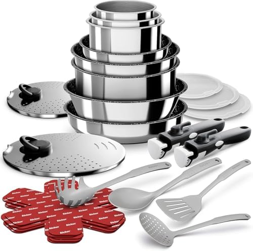 Batterie de Cuisine 24 Pièces Induction, Acier Inoxydable, Poignées Amovibles