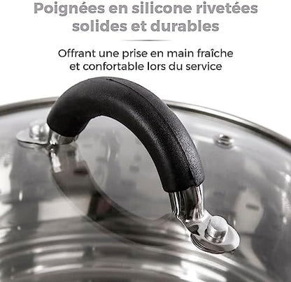TOWER Cuiseur Vapeur à Induction, 3 Étages, Inox, 18 cm, Argenté