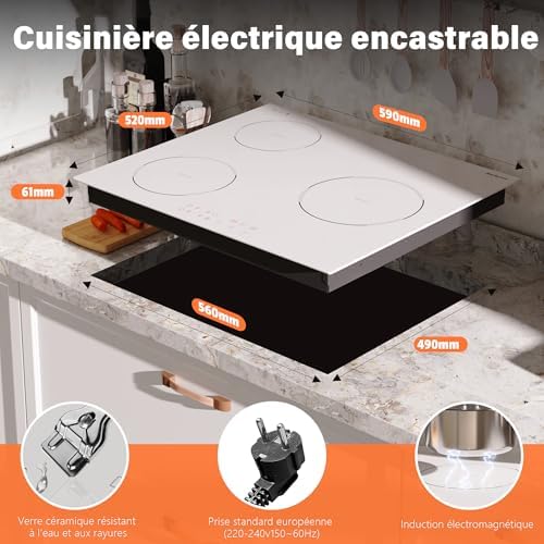 Plaque Induction 3 Feux, 60cm, Blanc, 3500W, Contrôle Tactile
