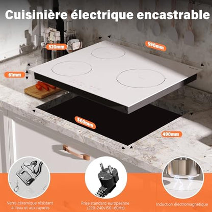 Plaque Induction 3 Feux, 60cm, Blanc, 3500W, Contrôle Tactile