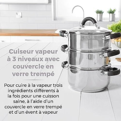 TOWER Cuiseur Vapeur à Induction, 3 Étages, Inox, 18 cm, Argenté