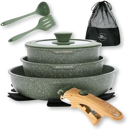 Batterie de Cuisine à Poignée Amovible, 10 Pièces, Vert, Induction