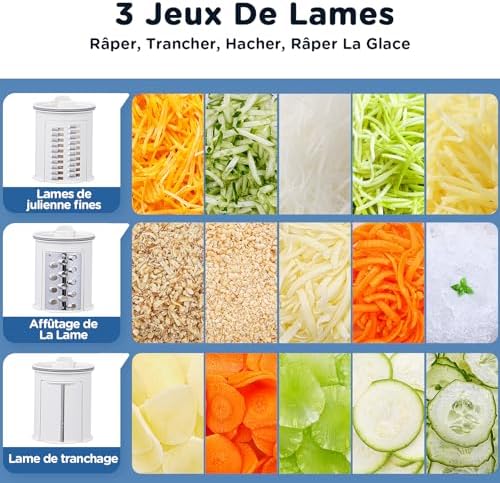 AAOBOSI Râpe Légumes Électrique, Modèle Mise à Jour, 3 Lames, Moteur Silencieux