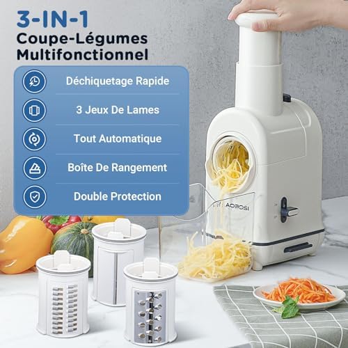 AAOBOSI Râpe Légumes Électrique, Modèle Mise à Jour, 3 Lames, Moteur Silencieux
