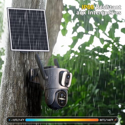 Caméra Solaire 4G LTE Double Objectif, Surveillance Extérieure 2K HD, Gris