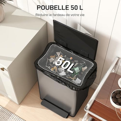 HOMCOM Poubelle Cuisine 50L, Acier Inoxydable, Couvercle Doux, Anti-Odeurs
