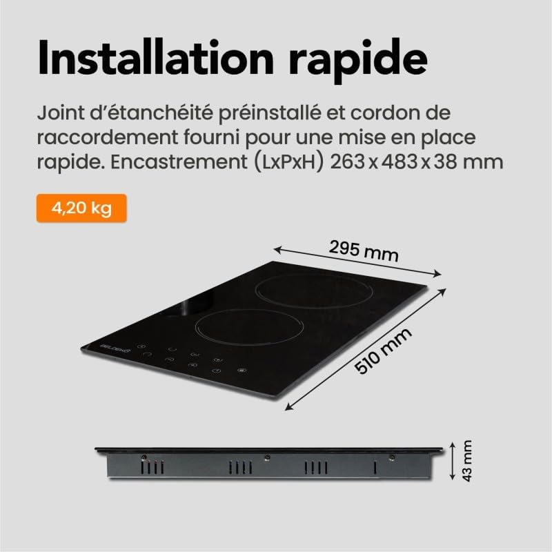 Plaque Vitrocéramique 2 Feux Encastrable, 3000W, Noir, 3,8 cm Épaisseur