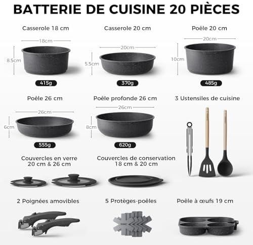 Batterie de Cuisine Antiadhésive 20 Pièces, Poignées Amovibles, Blanc