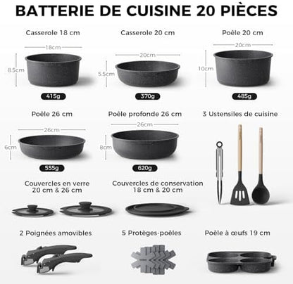 Batterie de Cuisine Antiadhésive 20 Pièces, Poignées Amovibles, Blanc