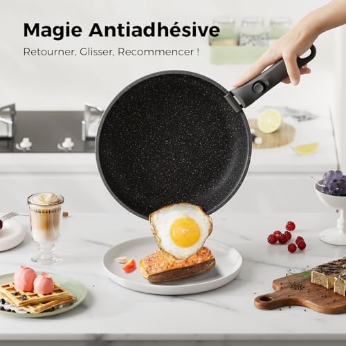 Batterie de Cuisine Antiadhésive 20 Pièces, Poignées Amovibles, Blanc