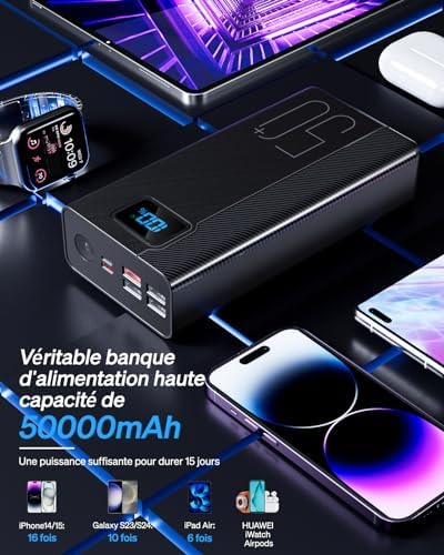 Batterie Externe 50000mAh, Charge Rapide 22.5W, 5 Sorties, 3 Entrées