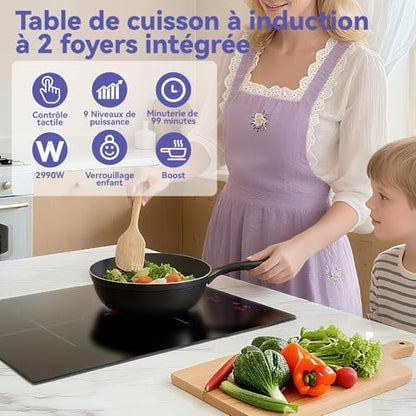 Plaque Induction 2 Feux Encastrable, 2990W, Noir, Commande Tactile