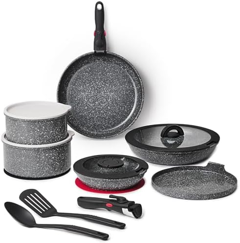 Batterie de Cuisine Induction avec Revêtement Céramique, Gris Cendré, 16 Pièces