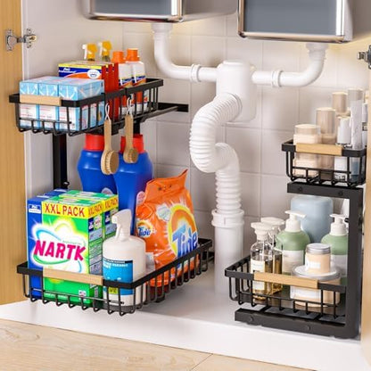 Organisateur sous Évier à Double Niveau, Design en L, Noir, Hauteur Ajustable