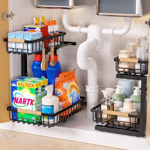 Organisateur sous Évier à Double Niveau, Design en L, Noir, Hauteur Ajustable
