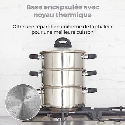 TOWER Cuiseur Vapeur à Induction, 3 Étages, Inox, 18 cm, Argenté