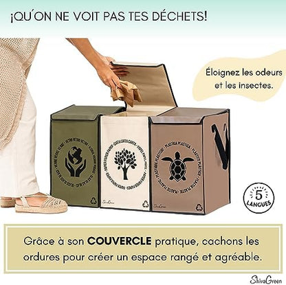 Shiva Green Poubelle Tri Sélectif FBAD1, 3 Bacs avec Sac et Couvercle, Plastique, Verre, Papier