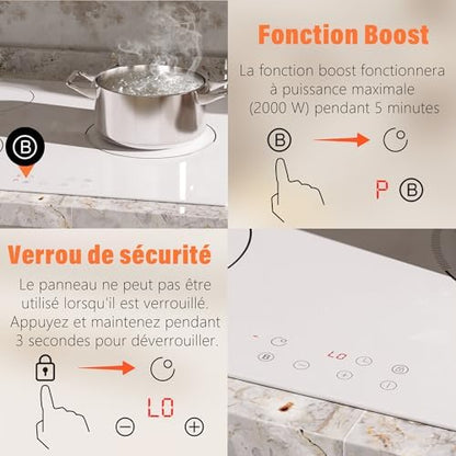 Plaque Induction 3 Feux, 60cm, Blanc, 3500W, Contrôle Tactile