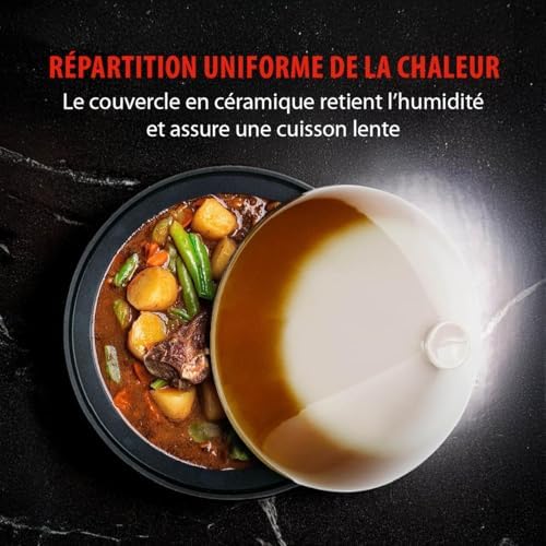 Tajine Couscoussier Induction 2,5L, Couvercle Céramique Ø30cm, Noir