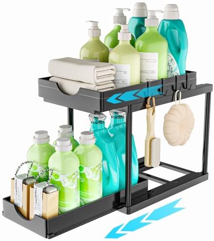 Organisateur sous évier à 2 niveaux, Tiroir Coulissant Cuisine, Noir