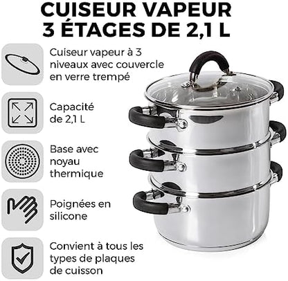 TOWER Cuiseur Vapeur à Induction, 3 Étages, Inox, 18 cm, Argenté