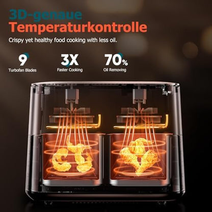Air fryer grande capacité 9L avec deux paniers et technologie de cuisson avancée