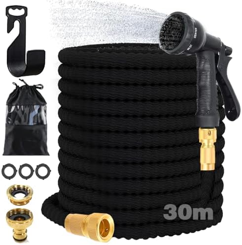 Tuyau Arrosage Extensible 30M, 8 Modes, Connecteurs Laiton 3/4' et 1/2', Noir
