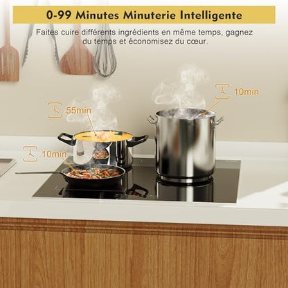 Plaque Induction 3 Feux Flexible 6800W, Verre Noir, Fonction Boost et Sécurité