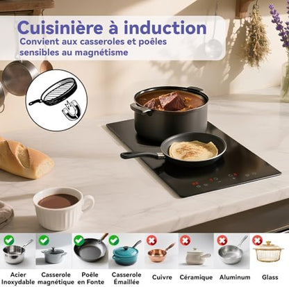 Plaque Induction 2 Feux Encastrable, 2990W, Noir, Commande Tactile