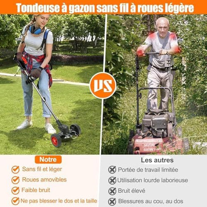 Débroussailleuse Électrique Sans Fil 21V, Coupe Bordure avec Roues et Lames Multiples