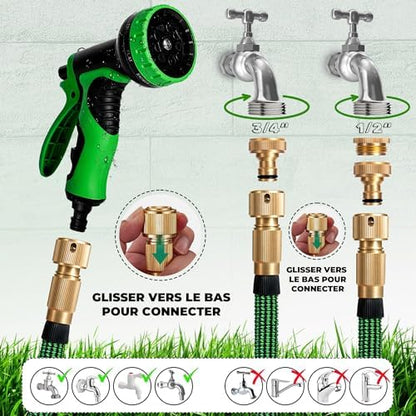 Tuyau d'Arrosage Extensible 15m, 9 Modes, Adaptateurs 1/2'' et 3/4'', Vert