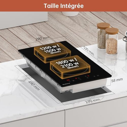 Plaque Induction 2 Feux Encastrable, 3600 W, Noir, 29x52 cm