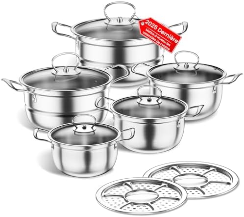 Batterie de Cuisine Induction 12 Pièces, Acier Inoxydable, Argent D