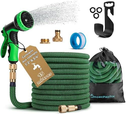 Tuyau d'Arrosage Extensible 15m, 9 Modes, Adaptateurs 1/2'' et 3/4'', Vert