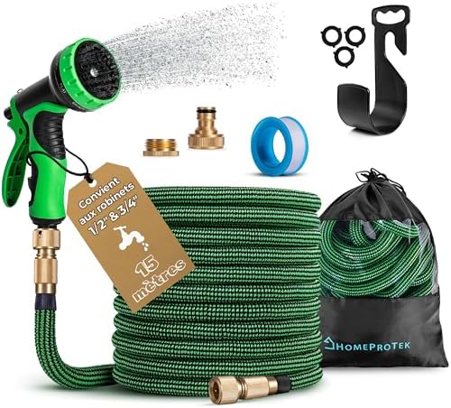 Tuyau d'Arrosage Extensible 15m, 9 Modes, Adaptateurs 1/2'' et 3/4'', Vert