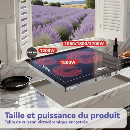 Plaque Vitrocéramique 3 Feux Induction, Triple Anneau, Noir, 59cm