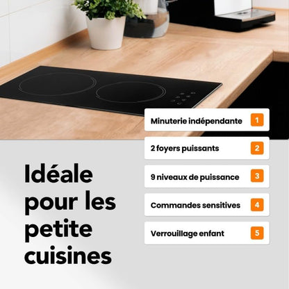 Plaque Vitrocéramique 2 Feux Encastrable, 3000W, Noir, 3,8 cm Épaisseur