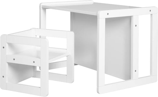 Ensemble Table et Chaise Réversible - Bois Laqué Blanc - Multifonctionnel 3 en 1